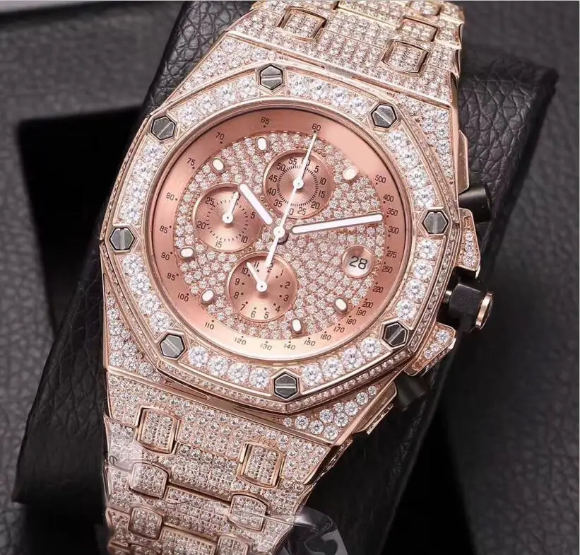 Розовое золото мужские часы с бриллиантами супер качество iced out кварцевые