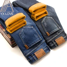 Мужские модные зимние теплые фланелевые Стрейчевые джинсы, мужские Смарт повседневные флисовые прямые флокированные качественные мужские брюки