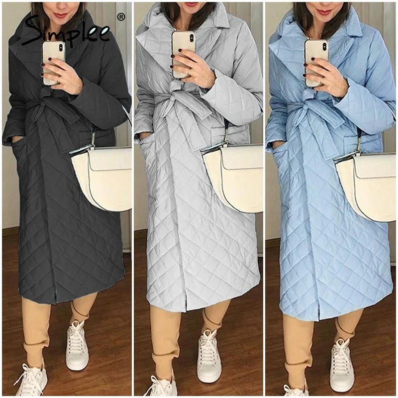 Simplee Long straight winter coat with rhombus pattern Casual sashes women parkas Deep pockets tailored collar stylish outerwear