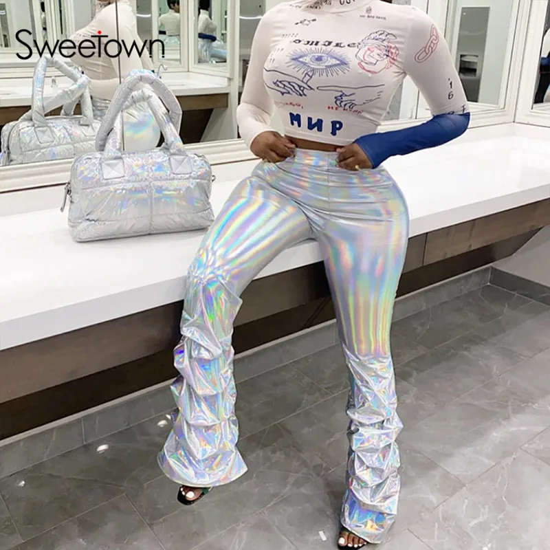 Sweetown Весенние Новые блестящие расклешенные брюки женские вечерние клубная одежда с высокой талией модные брюки плиссированные расклешенные брюки уличная одежда