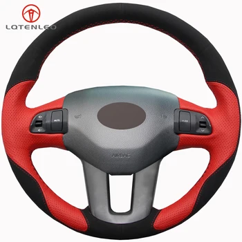 

LQTENLEO Black Suede Red Leather DIY Hand-stitched Steering Wheel Cover For Kia Sportage 3 2010-2017 Kia Ceed Cee'd 2009-2012