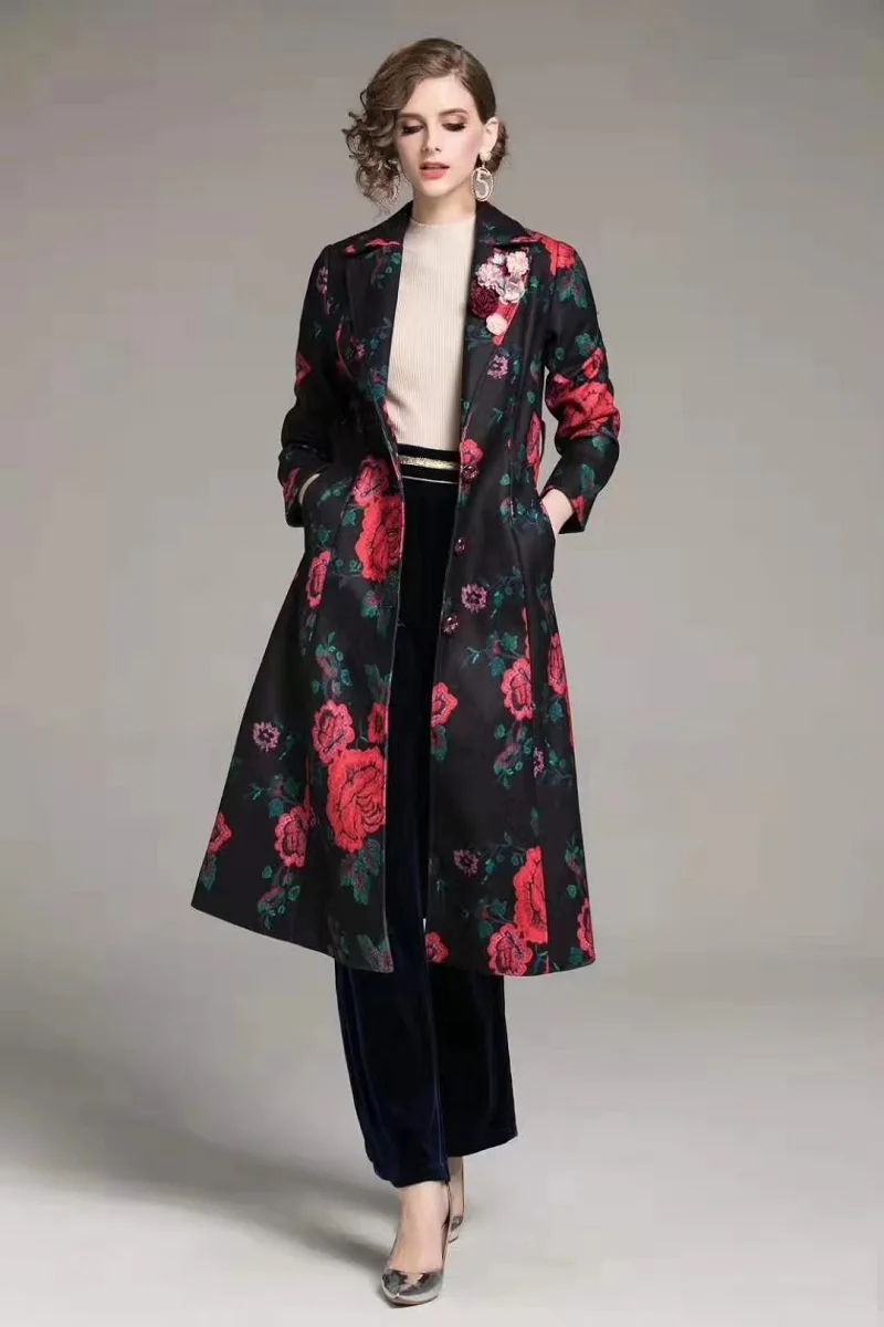 Casacos Feminino Autumn Winter Casual Overcoats Women Vintage Flower Print Single Breasted Long Sleeve Outwear Coat Female