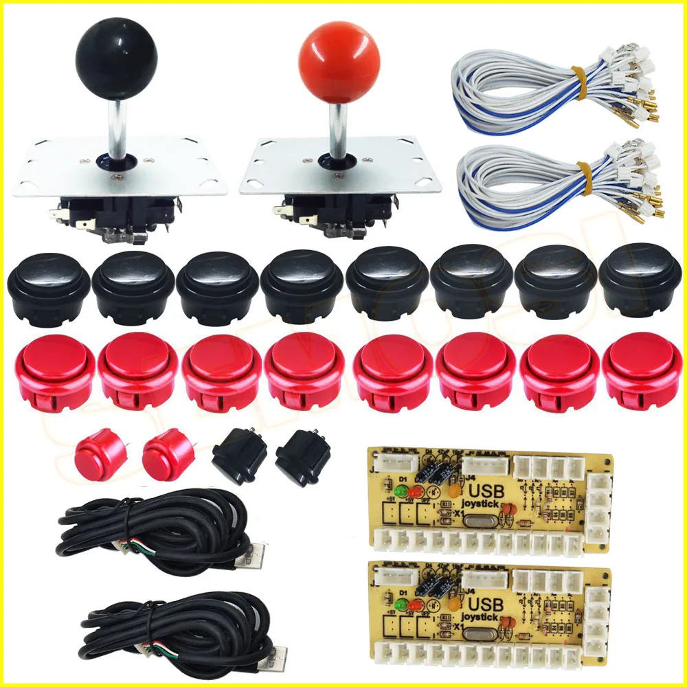 DIY аркадный набор джойстика для 1/2 плееров PC компьютерные игры для аркадных джойстиков кнопки W Нулевая задержка USB энкодер для аркадной машины - Цвет: Red and Black Kit 2
