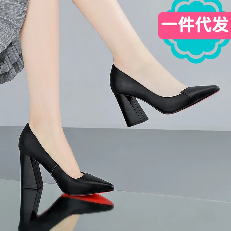 

19 Spring Ultra-High-Heel Pure Leather Low-Cut Elegant WOMEN'S Shoes Versatile New Style Pointed Toe Chunky Heel Leather Shoes W