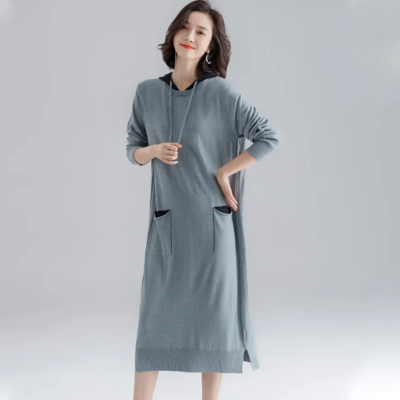 Gray blue Осеннее модное трикотажное платье-свитер с капюшоном женское свободное тонкое пальто с карманами женский длинный рукав однотонный элегантный пуловер Джемпер - Цвет: Gray blue
