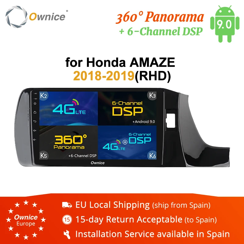 Ownice GPS Navi Stereo 2Din 360 Panorama Autoradio K3 K5 K6 for HONDA Amaze RHD 2018 2019 Android 9.0 Octa Core DSP 4G LTE SPDIF |