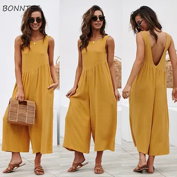 

Jumpsuits Women Solid Loose Backless Overall Sleeveless Sexy Lady Bodysuit European Comfortable Leisure All-match Yellow Summer