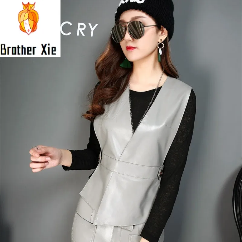 

Fashion Women Slim Fit V Neck Sheepskin Real Leather Vest Casual Sleeveless Jacket Outwear Waistcoat Grey Red 3XL Gilet Femme