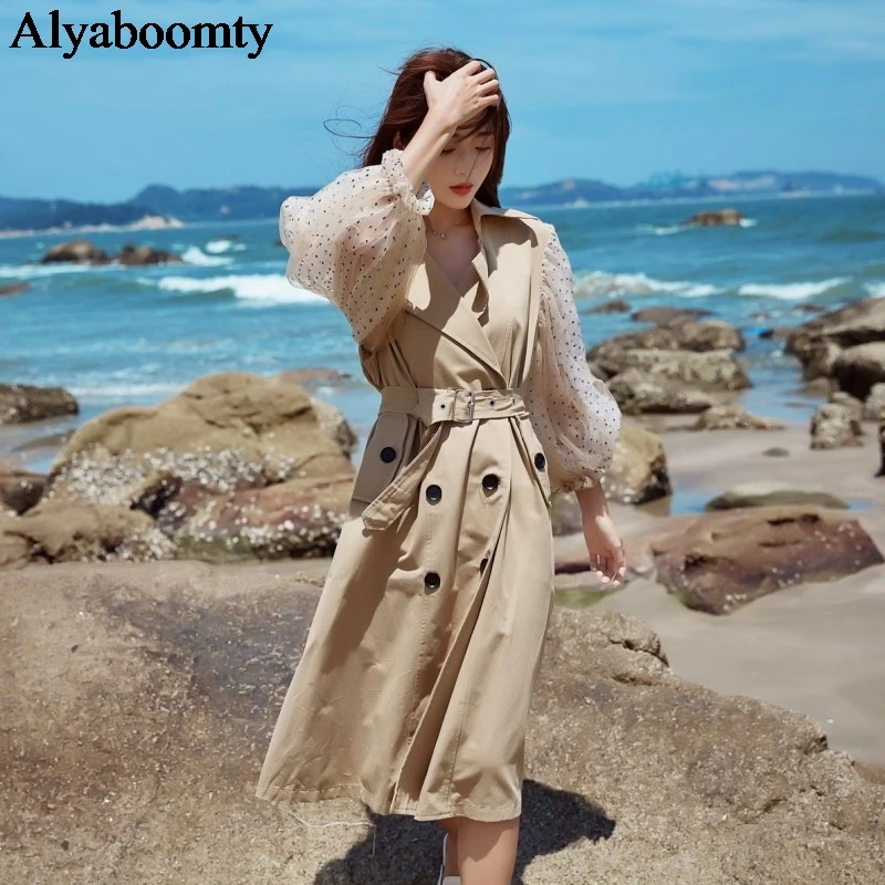 

Korean Style Ulzzang Autumn Spring Women Trench Coat Khaki Oversized Loose Ropa Mujer Polka Dot Mesh Puff Sleeve Long Overcoat