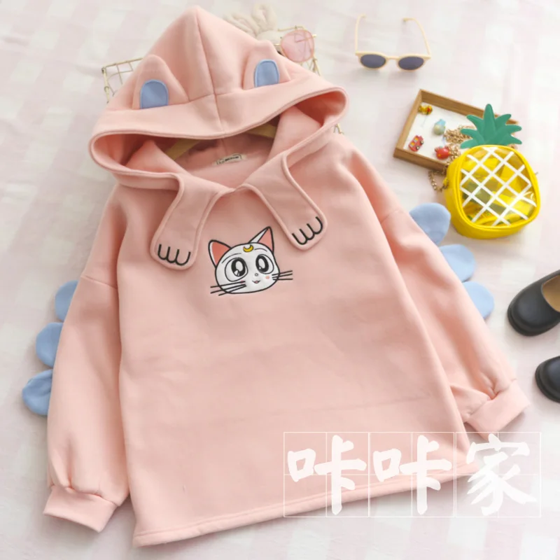 Осень Зима японский мягкий сестра Kawaii толстовка с капюшоном Милая луна кошка вышивка коготь с капюшоном свободный плюс бархат пуловер Топы