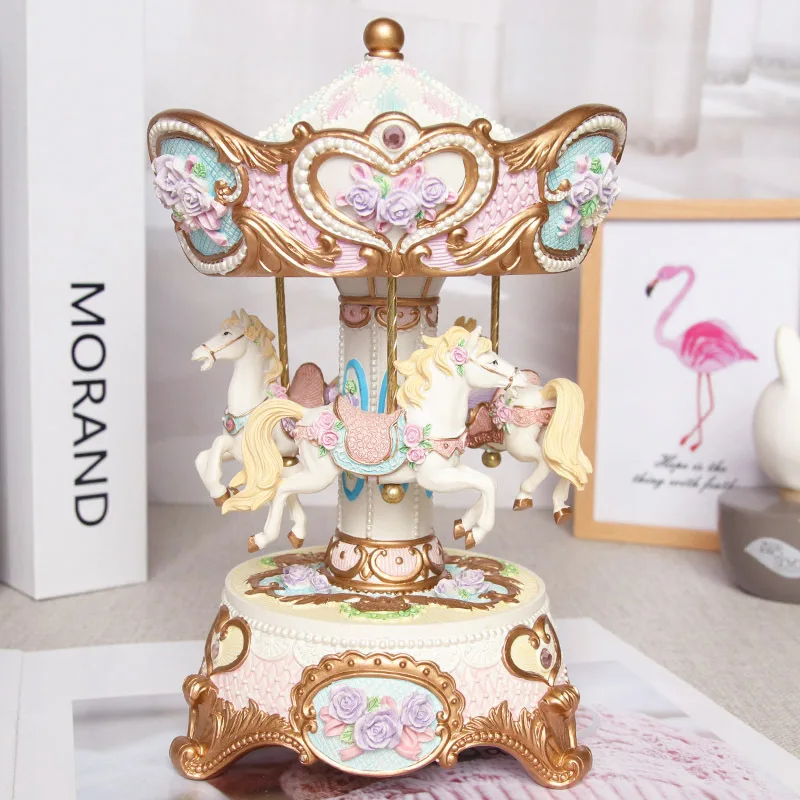 Flower color 20 см Европейский стиль светящаяся карусель музыкальная шкатулка спин смолы ремесло украшение дома День рождения Рождество День Святого Валентина подарок - Цвет: Flower color