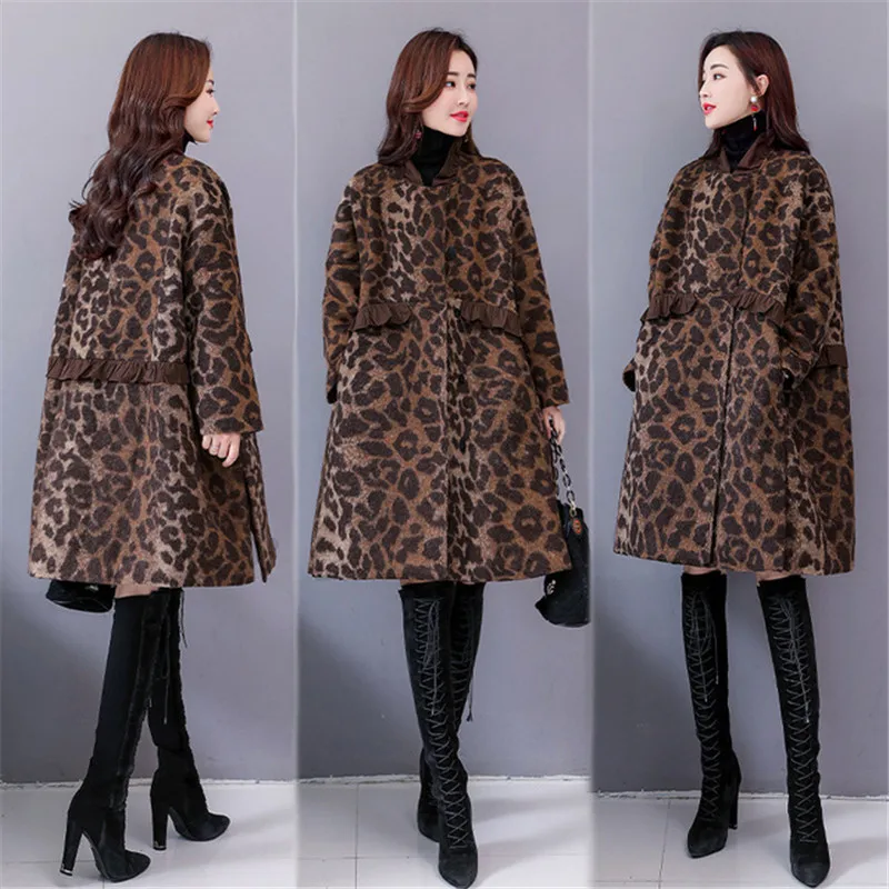 

Fashion Women Leopard Print Woolen Coat High-end Autumn Winter Woolen Jacket 2022 New Loose Cloak Windbreaker Outerwear Female