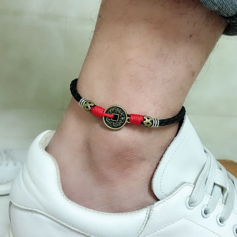 Black Leather Red String Coin Anklet For Men Punk  Color Vintage Retro