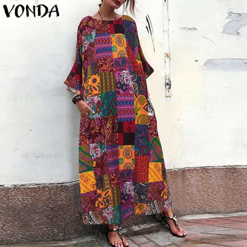 VONDA, женское длинное платье макси, Осеннее вечернее платье с длинным рукавом, женский свободный сарафан в богемном стиле, элегантное платье, женское платье размера плюс
