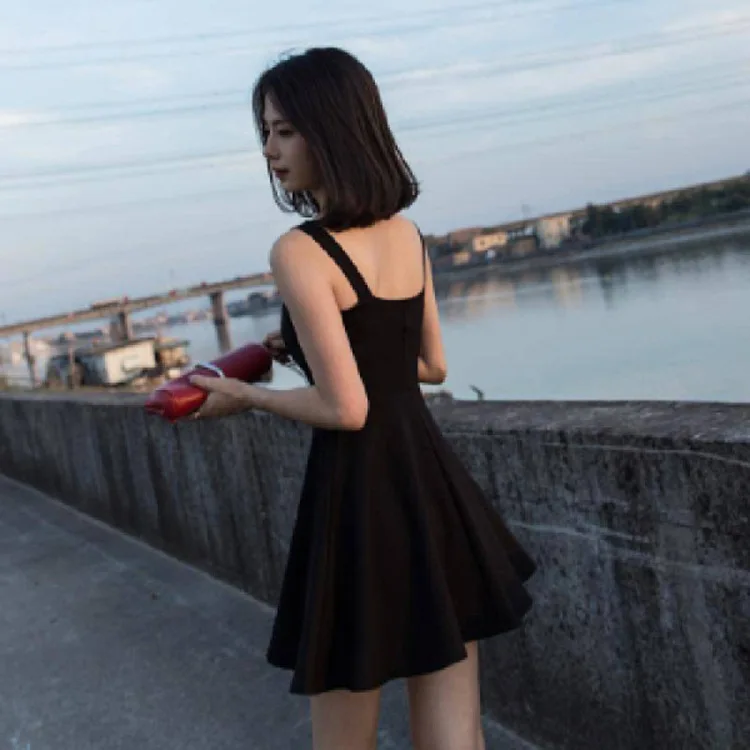 

2020 Summer Mid-length Black And White with Pattern Camisole Outer Wear Dress Women's Casual Versatile Pleated Short Skirt