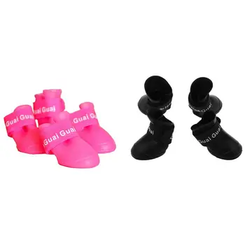 

2 Set Pet Shoes Booties Rubber Dog Waterproof Rain Boots Rose-Red M & Black L