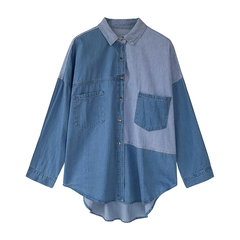  XL Korean 2019 New Women Striped Denim Blouse Casual Loose Button Shirts Lapel Fashion Autumn BF Lo