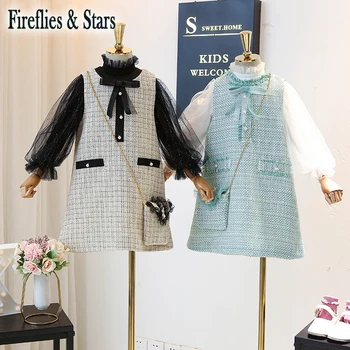 

Spring Autumn girls 2 pcs set baby t shirt + vest dress kids suit children brand clothes bow guuny mesh puff sleeve 4 to 14 yrs