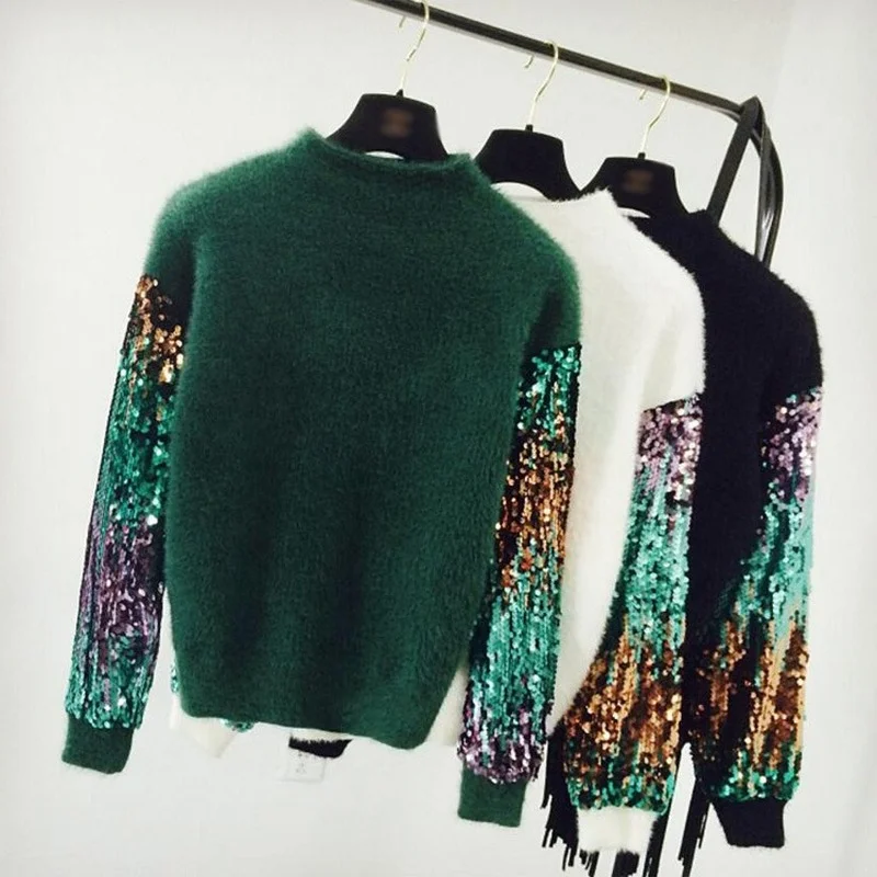 2021 Womens Long Sleeve Mohair Sweater Rabbit Hair Glitter Patchwork Thick Knitting Autumn Winter Warm Pullover Black | Женская одежда