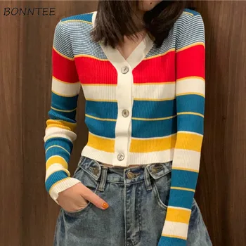

Cardigan Women Striped V-neck Single Breasted Retro Harajuku New Arrival Spring Korean Outwear Sweater Coat Womens Casual Trendy
