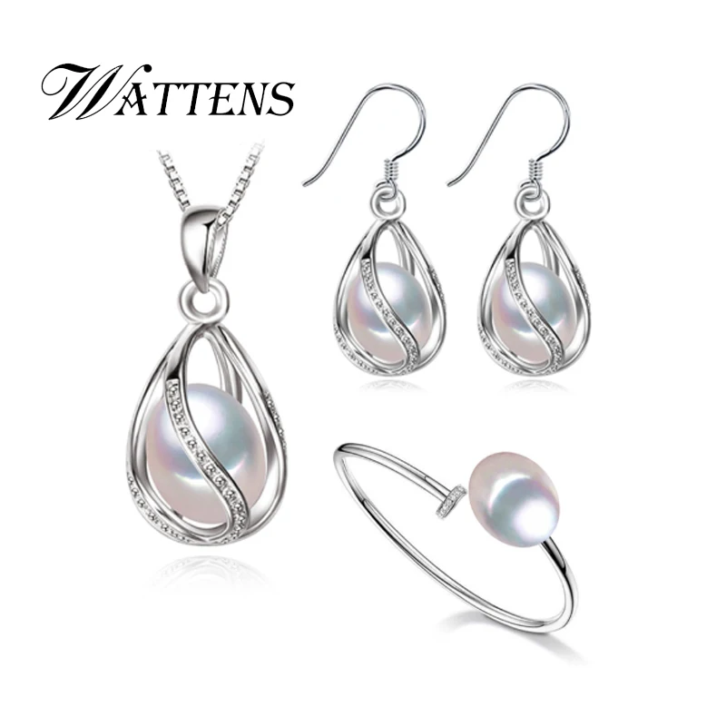

925 Sterling Silver Cage Pendant Pearl Jewelry Sets Natural Pearl Pendant Necklace Cage Earrings For Women Silver Ring party