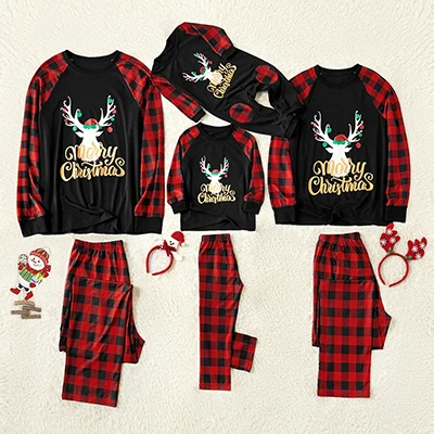 Семейный Рождественский пижамный комплект; теплая одежда для взрослых; одежда для мамы и дочки; одинаковые Семейные комплекты - Цвет: Red black