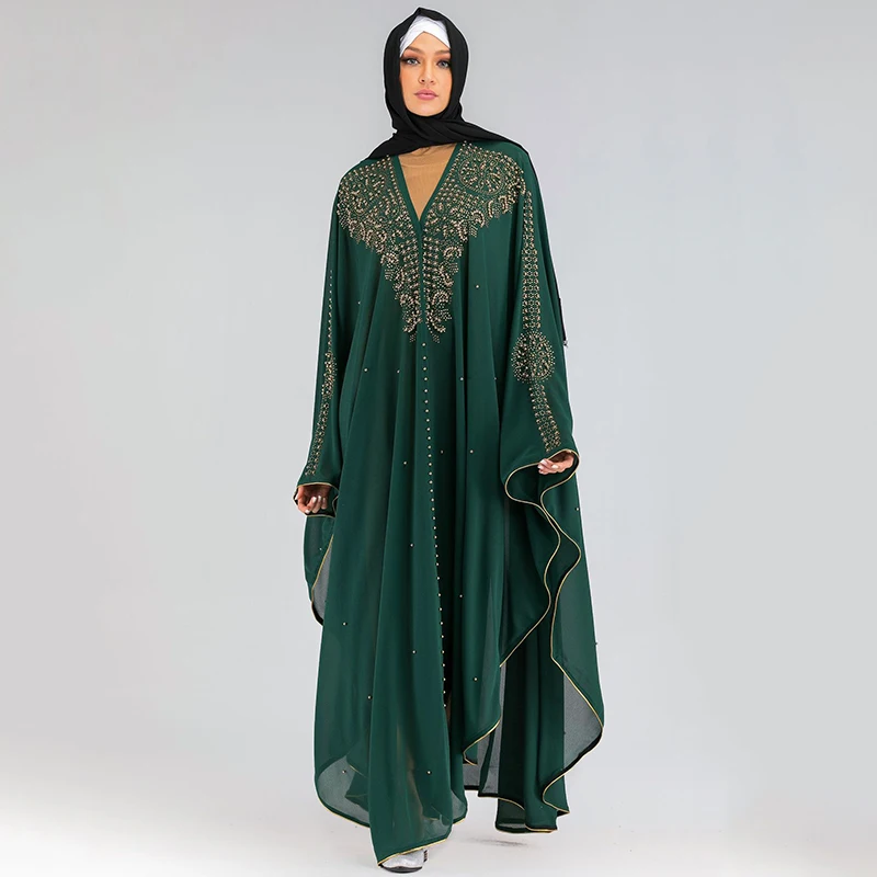 Green Abaya Siskakia Khimar мусульманский джилбаб Дубай аравийская абайя кимоно мусульманская одежда для женщин Мода Стразы Бисер кафтаны и Джуба Новинка - Цвет: Green Abaya