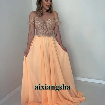 

Orange Chiffon Evening Dresses Appliques Off The Shoulder Prom Celebrity Robe De Soiree Wedding Engage Party Custom Made