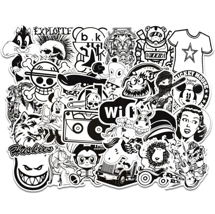 50 шт. черный и белый мультфильм рок музыка граффити игрушки крутая наклейка s для детей детский Багаж Ноутбук наклейка для ноутбука