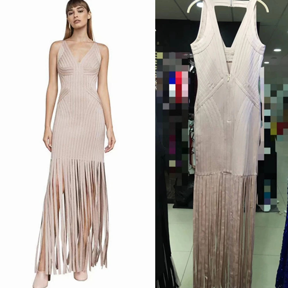 Elegant Beige Tassel Maxi Bandage Dress Long Newest Sleeveless V Neck Sexy Evening Celebrity Party Dresses Vestidos Festa