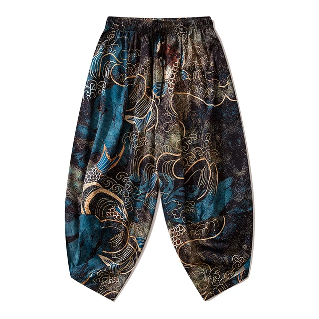 Bebovizi 2020 Japanese Style Harajuku Men Trousers Sakura Samurai Costume Loose Fashion Women Traditional Bloom Pants Haori 1612