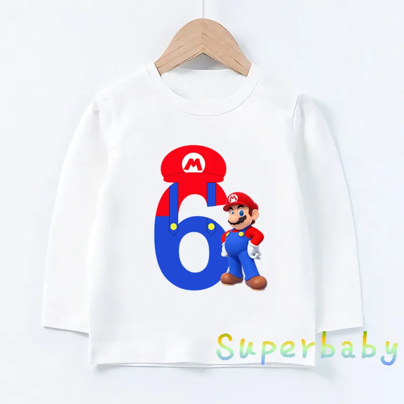 Детская футболка с принтом «Happy Birthday Super Mario» и цифрой 1-9, Забавные топы с рисунками для маленьких мальчиков и девочек, Детская футболка с длинными рукавами, LKP5233