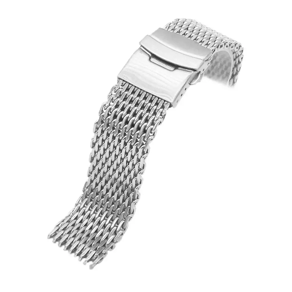 18/20/22/24mm Steel Shark Mesh Watch Band Strap Silver Bracelet Watchband Milan Mesh Weaving Double Snap Strap