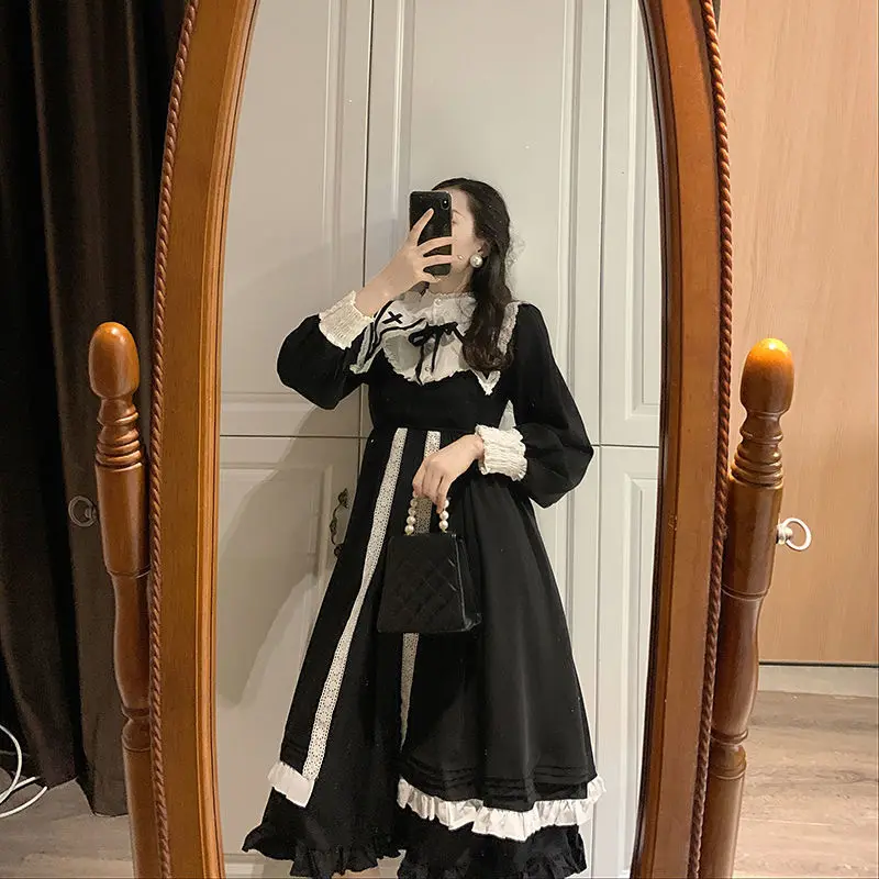 Gothic Lolita Retro Hepburn style little black dress navy collar ruffled dress long sleeve princess kawaii lolita dress,lolita suspender dress,lolita cosplay costumes,suspender dress,lolita skirt,lolita blouses