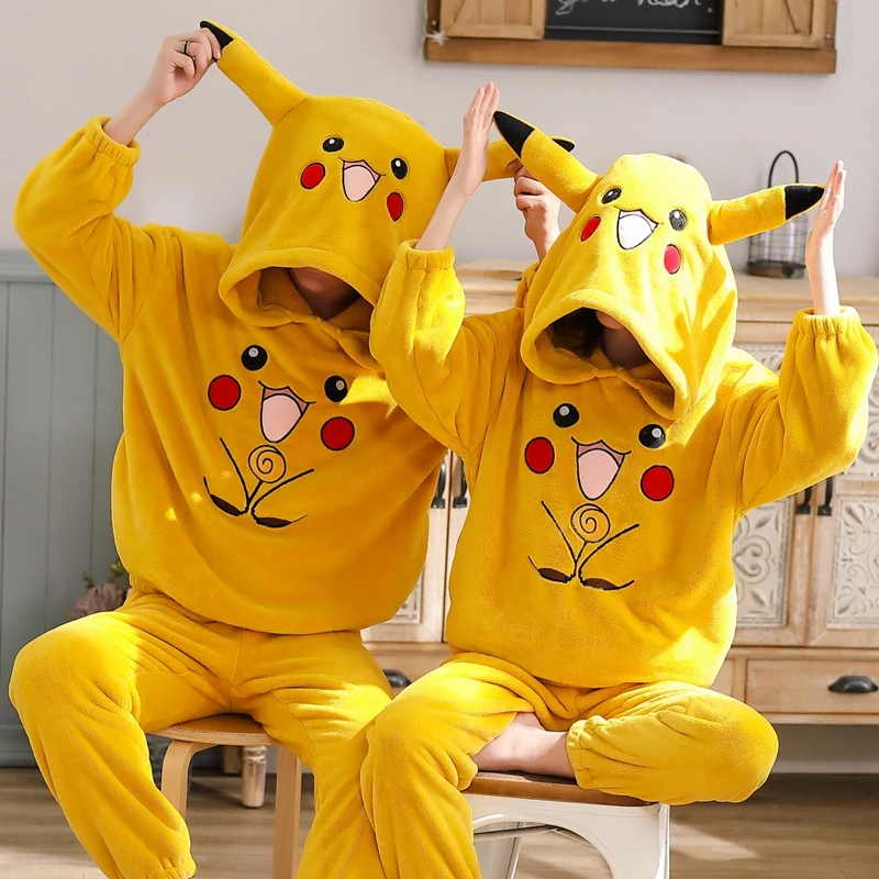 pikachu Парные пижамы; милые пижамы с рисунками животных; пижамы унисекс для взрослых; одежда для сна с капюшоном и длинными рукавами; домашняя одежда для рождественской вечеринки; Пижама - Цвет: pikachu