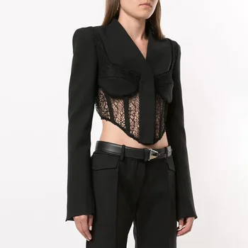 

Europe and America Non-mainstream Design Summer 2020 New Style Fashion Street Wind Sexy Simple V-neck Hollow out Lace Joint Suit