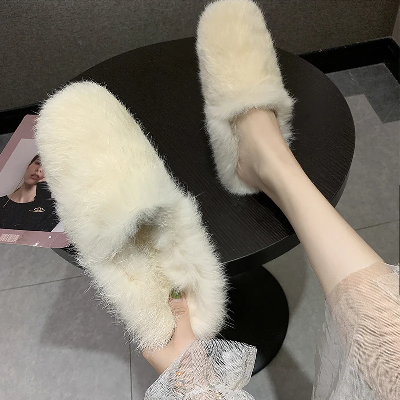 beige 2 Роскошный мех кролика тапочки женские жемчужные бисероплетенные круглый носок Женская нескользящая обувь с бантом Вьетнамки длинные плюшевые шлепанцы домашние тапочки 596 - Color: beige 2