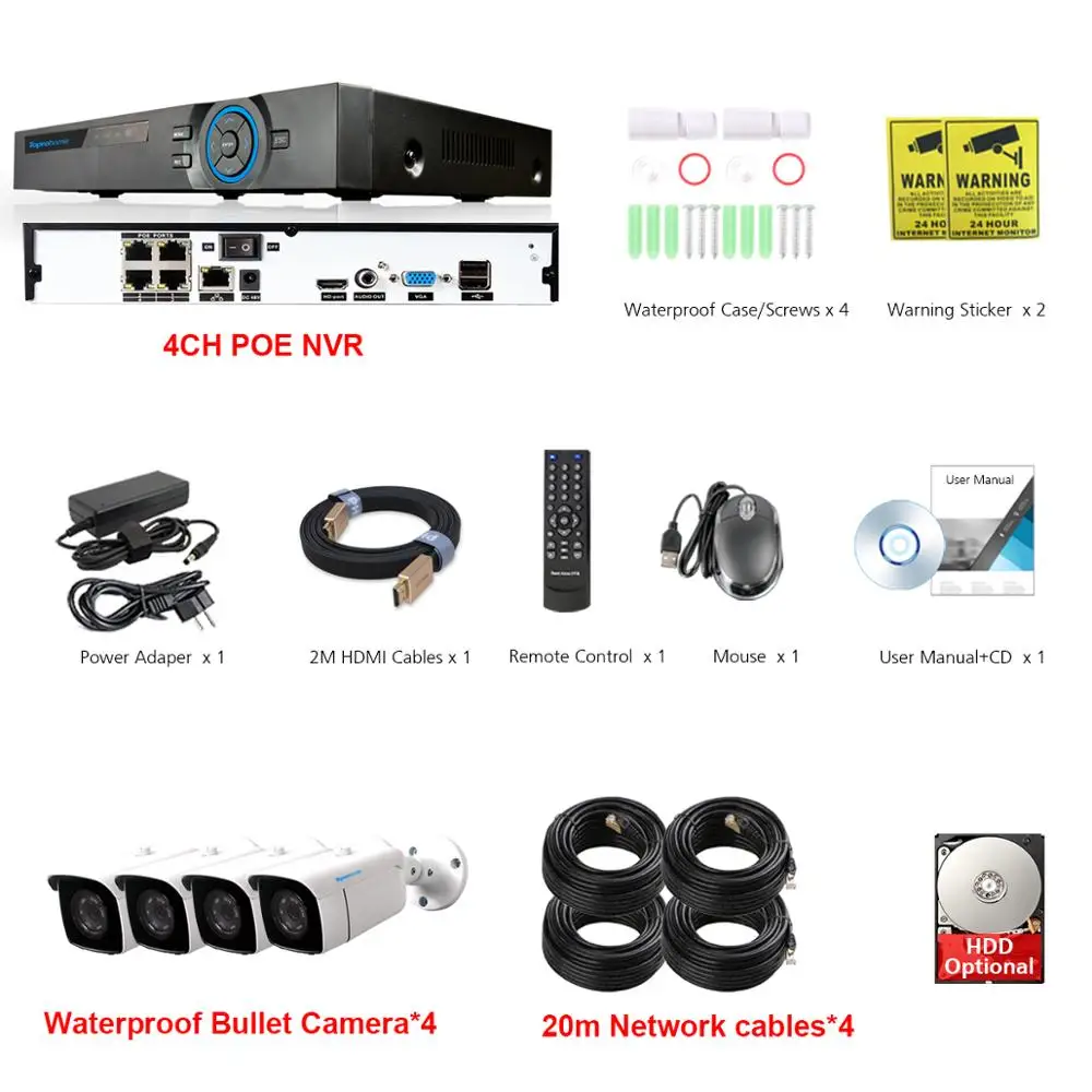 4ch POE with cables TOPROHOIME H.265+ 8CH 4MP CCTV NVR система 5MP POE NVR комплект 2MP 1920*1080P Открытый Водонепроницаемый Аудио запись звука POE ip-камера комплект - Цвет: 4ch POE with cables