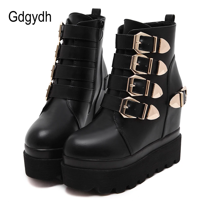 

Gdgydh 2020 Autumn Women Ankle Boots Round Toe Gold Metal Buckles Short Boots Increasing High Heels Platform Female Boots Shoes