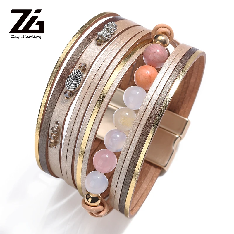 ZG Boho женский плетеный кожаный браслет с натуральным кристаллом многослойный