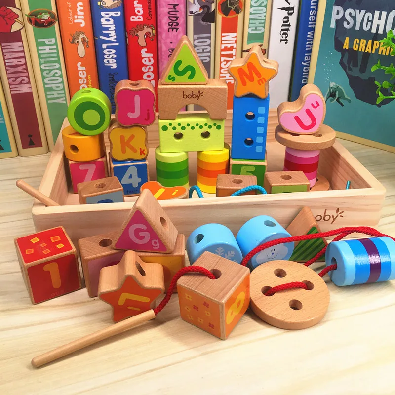 

Bobby Wooden Box Beaded Bracelet Building Blocks Children 3456-Year-Old Threading Educational Large Pieces to Build
