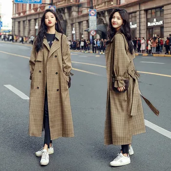 

2019 Autumn Winter Women's Double Breasted Trench Coat Belt Classic Vintage Plaid Lady Long Windbreaker Chic Outwear Overcoat