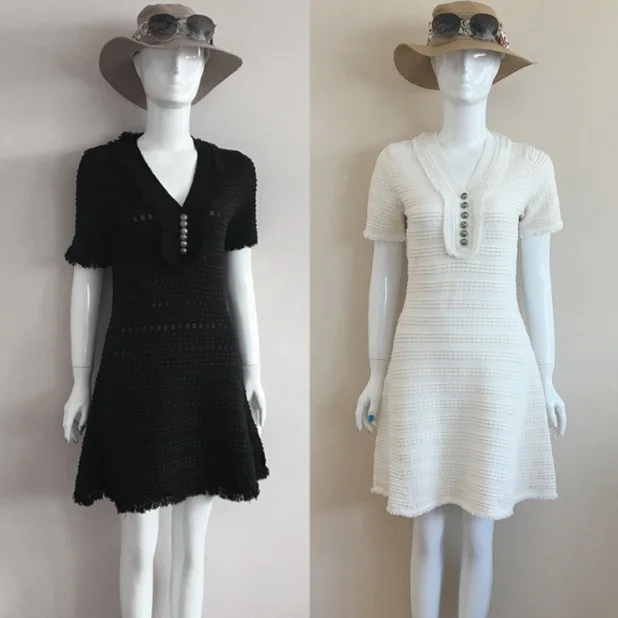 Autumn White Knitted Dress Elegant Women Long Sleeve V-neck Sexy Party Dress Striped Tassel Black Winter Sweater Dresses