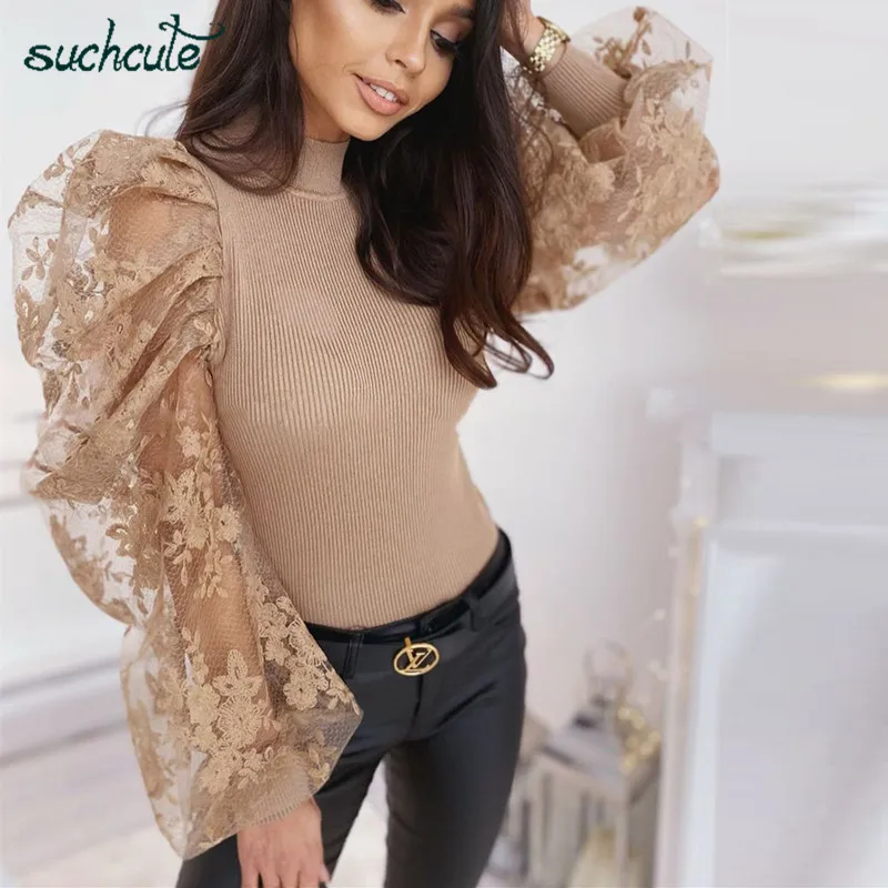 SUCHCUTE, женские футболки с пышными рукавами, топы, весна, Лоскутная Сетка, Вязаные Рубашки, повседневные женские футболки, рождественские наряды для вечеринок