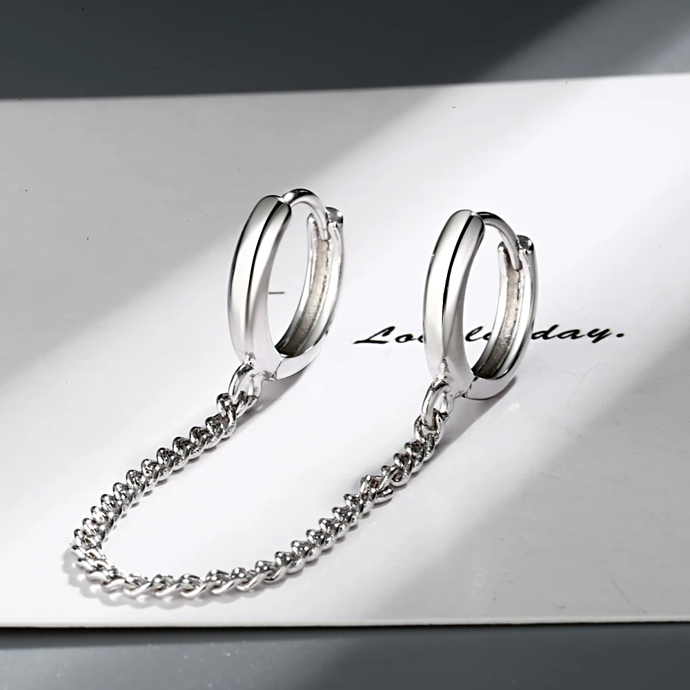 Серьги из стерлингового серебра 925 пробы, модные, индивидуальные, с двойным отверстием, цепочка, кость уха, простые, дикие, трендовые, для мальчиков и девочек, серебряные серьги, ювелирные изделия