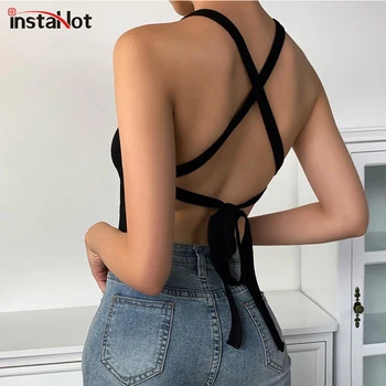 

InstaHot sexy cropped top women criss cross backless halter bandage summer camisole 2020 casual streetwear sleeveless party top