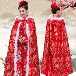 Женская накидка Hanfu, зимняя, толстая, красная, синяя, Вельветовая, накидка с капюшоном, китайский традиционный ханьфу, карнавальный