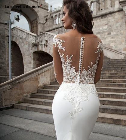 Noiva vestido2019 Новое Кружевное атласное платье с длинными рукавами, цвета слоновой кости, сексуальное пляжное платье русалки, свадебное платье со шлейфом