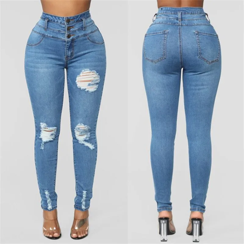 Pantalones vaqueros rasgados para mujer, pantalón largo de cintura alta, 3 botones, ajustados, con agujeros rasgados