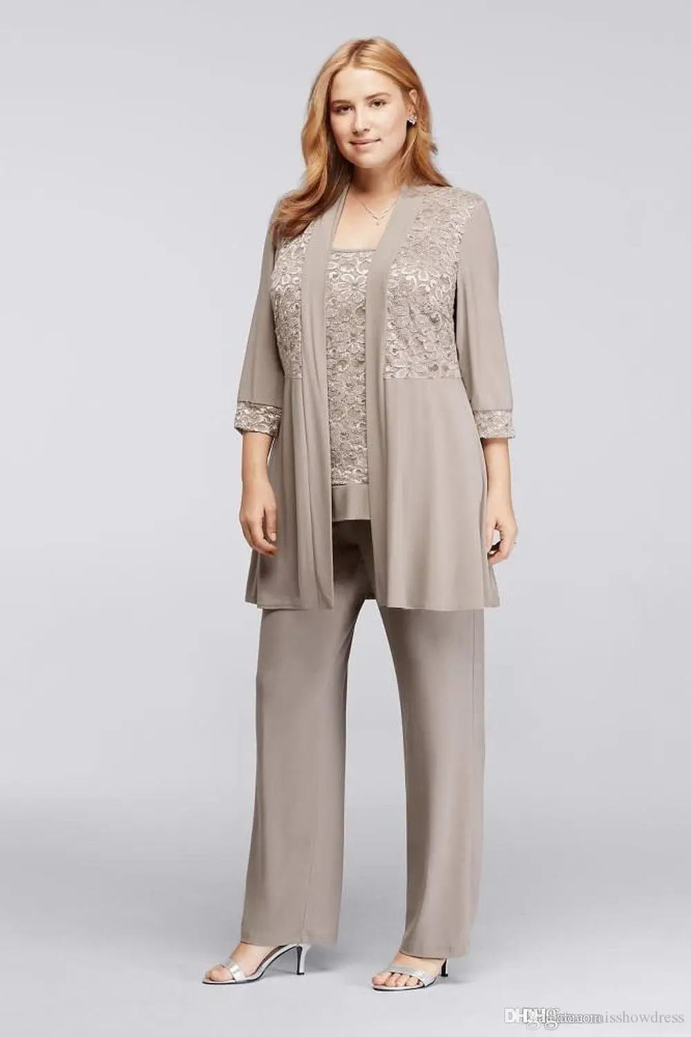

Long Sleeves Three Pieces Plus Size Lace Appliques Ankle-Length evening 2018 Grey Chiffon Mother Of The Bride Suits Pants Jacket